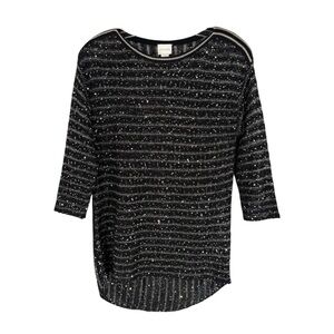 Chicos Sequin Sweater Size 0 Black Textured Knit Semi-Sheer Womens Small